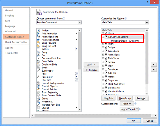 Hộp thoại PowerPoint Options hiển thị nhóm Custom trong tab Ribbon mới